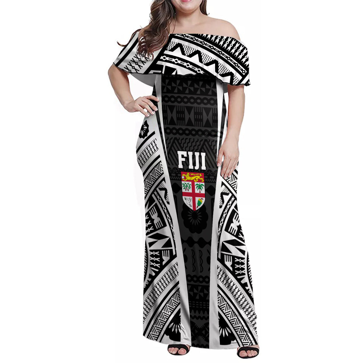 personalised-fiji-rugby-family-matching-off-shoulder-maxi-dress-and-hawaiian-shirt-2023-world-cup-history-makers-black-ver