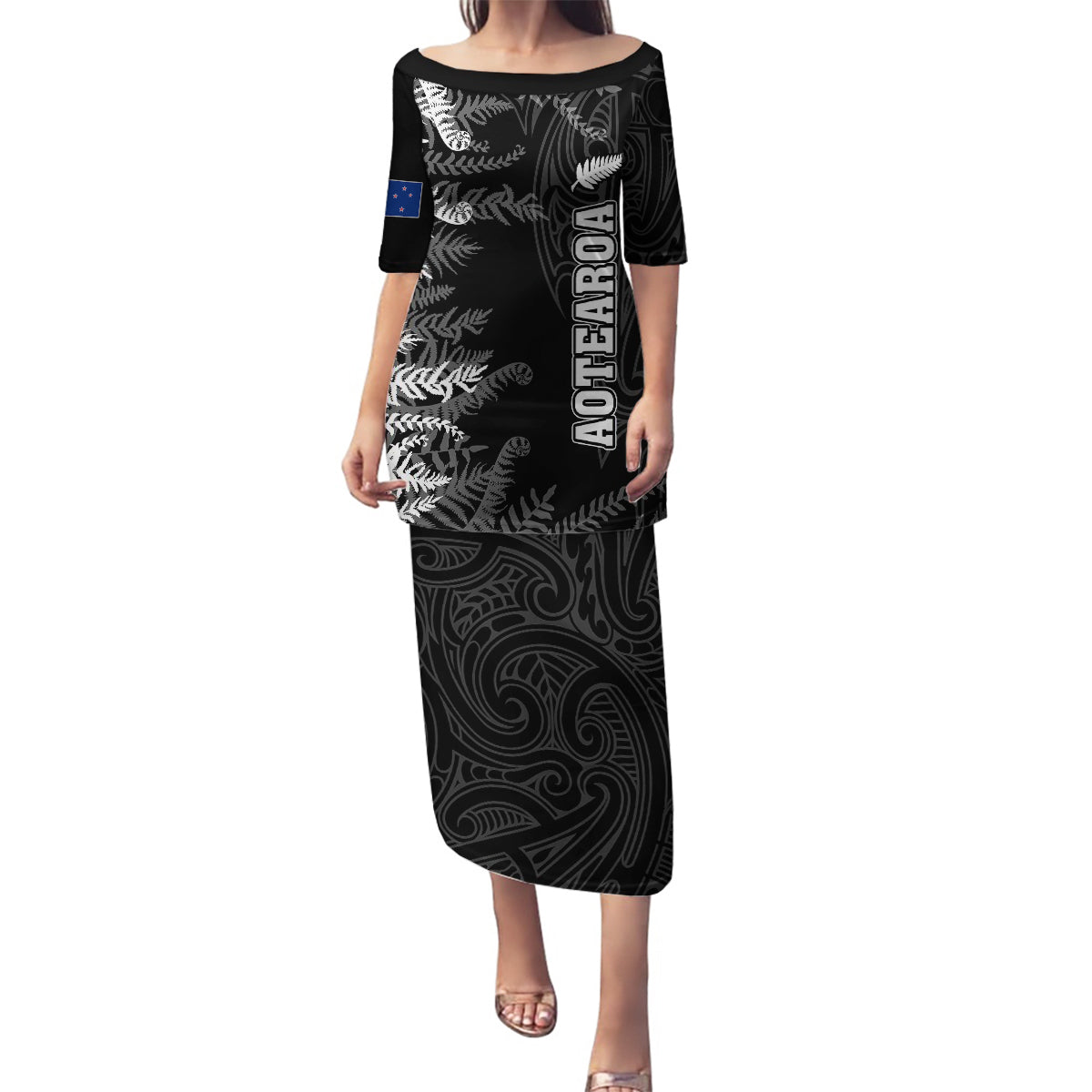 Personalised New Zealand Rugby Family Matching Puletasi Dress and Hawaiian Shirt Silver Fern Basic 2023 World Cup LT7 Mom's Dress Black - Polynesian Pride