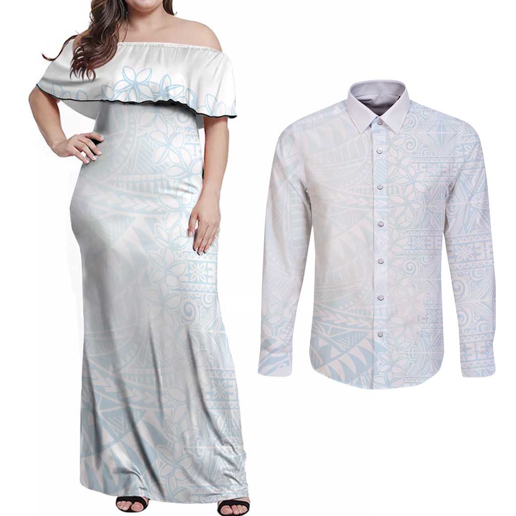 White Sunday Couples Matching Off Shoulder Maxi Dress and Long Sleeve Button Shirt Plumeria Tatau Mix Tapa LT7 White - Polynesian Pride