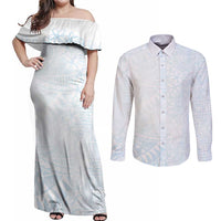 White Sunday Couples Matching Off Shoulder Maxi Dress and Long Sleeve Button Shirt Plumeria Tatau Mix Tapa LT7 White - Polynesian Pride