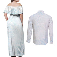 White Sunday Couples Matching Off Shoulder Maxi Dress and Long Sleeve Button Shirt Plumeria Tatau Mix Tapa LT7 - Polynesian Pride