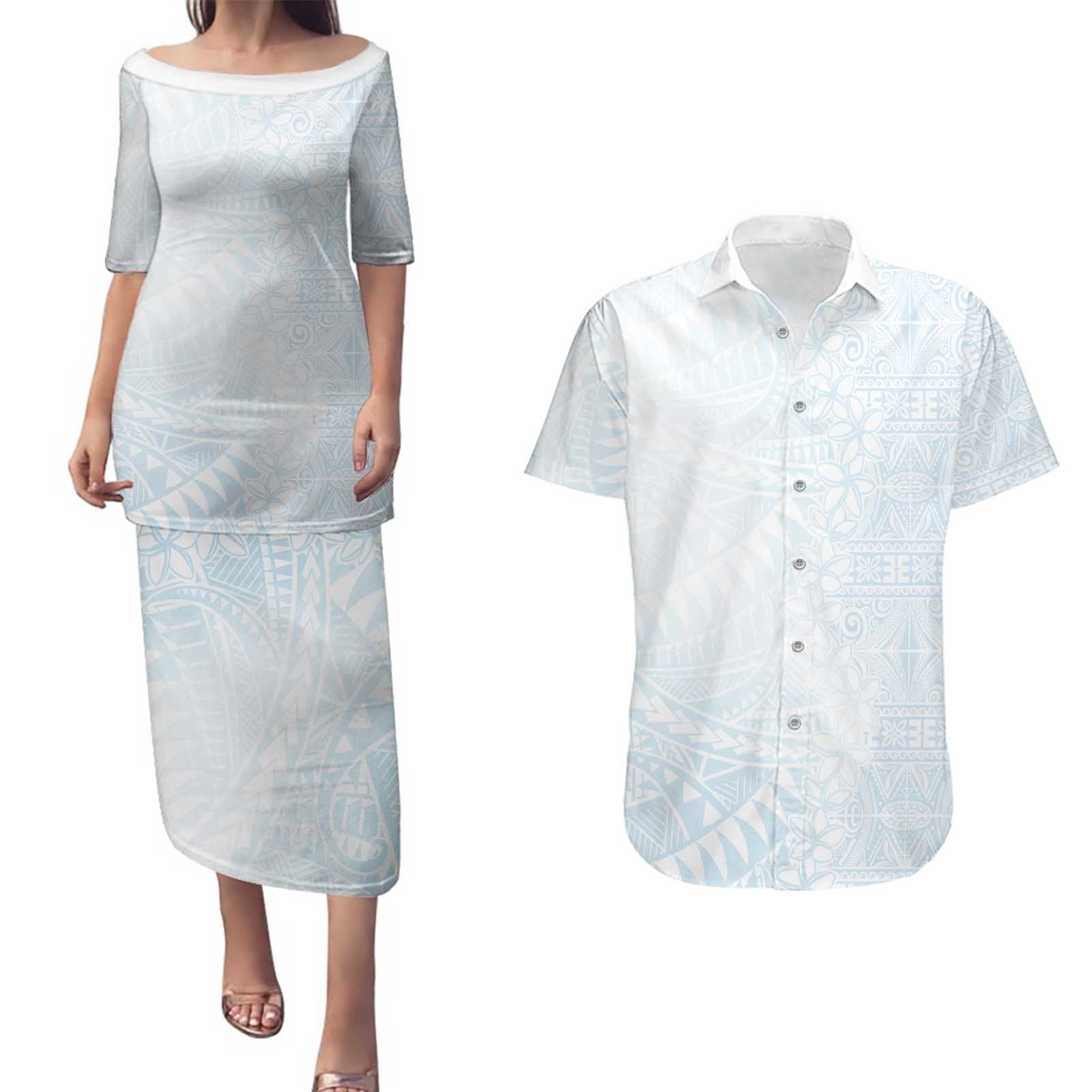 White Sunday Couples Matching Puletasi and Hawaiian Shirt Plumeria Tatau Mix Tapa