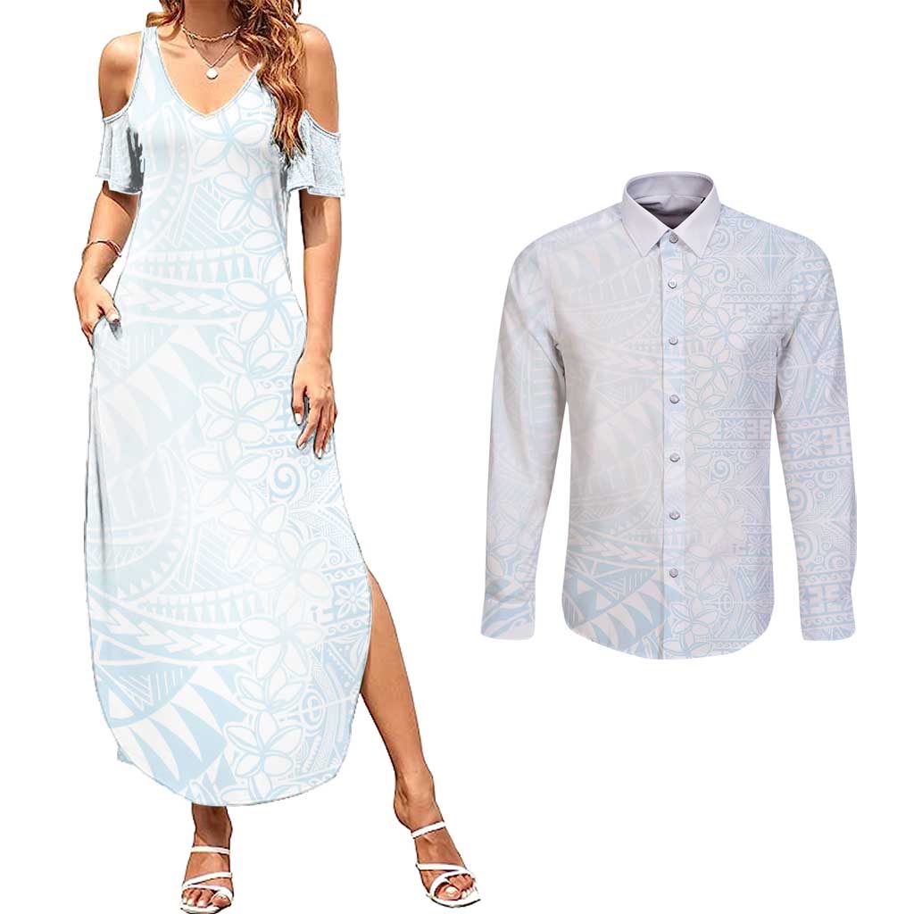 White Sunday Couples Matching Summer Maxi Dress and Long Sleeve Button Shirt Plumeria Tatau Mix Tapa LT7 White - Polynesian Pride