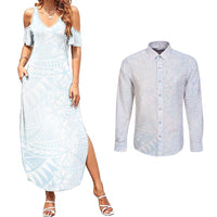White Sunday Couples Matching Summer Maxi Dress and Long Sleeve Button Shirt Plumeria Tatau Mix Tapa LT7 White - Polynesian Pride