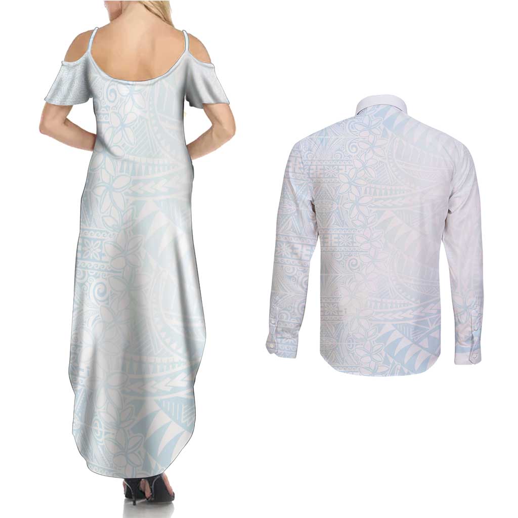 White Sunday Couples Matching Summer Maxi Dress and Long Sleeve Button Shirt Plumeria Tatau Mix Tapa LT7 - Polynesian Pride