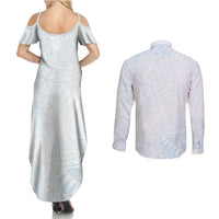 White Sunday Couples Matching Summer Maxi Dress and Long Sleeve Button Shirt Plumeria Tatau Mix Tapa LT7 - Polynesian Pride