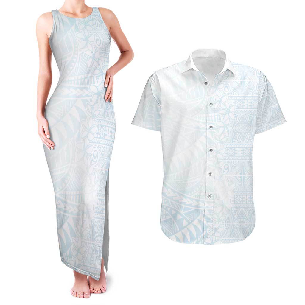 White Sunday Couples Matching Tank Maxi Dress and Hawaiian Shirt Plumeria Tatau Mix Tapa