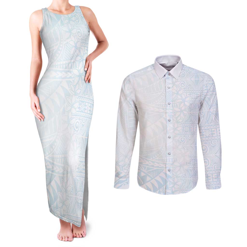 White Sunday Couples Matching Tank Maxi Dress and Long Sleeve Button Shirt Plumeria Tatau Mix Tapa LT7 White - Polynesian Pride