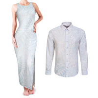 White Sunday Couples Matching Tank Maxi Dress and Long Sleeve Button Shirt Plumeria Tatau Mix Tapa LT7 White - Polynesian Pride