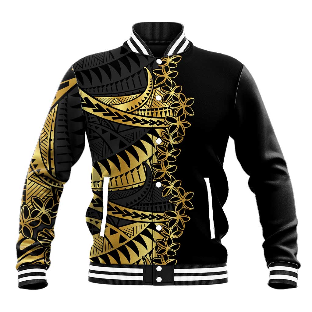 Polynesia Baseball Jacket Black & Gold Fancy Plumeria LT7 Unisex Black Gold - Polynesian Pride