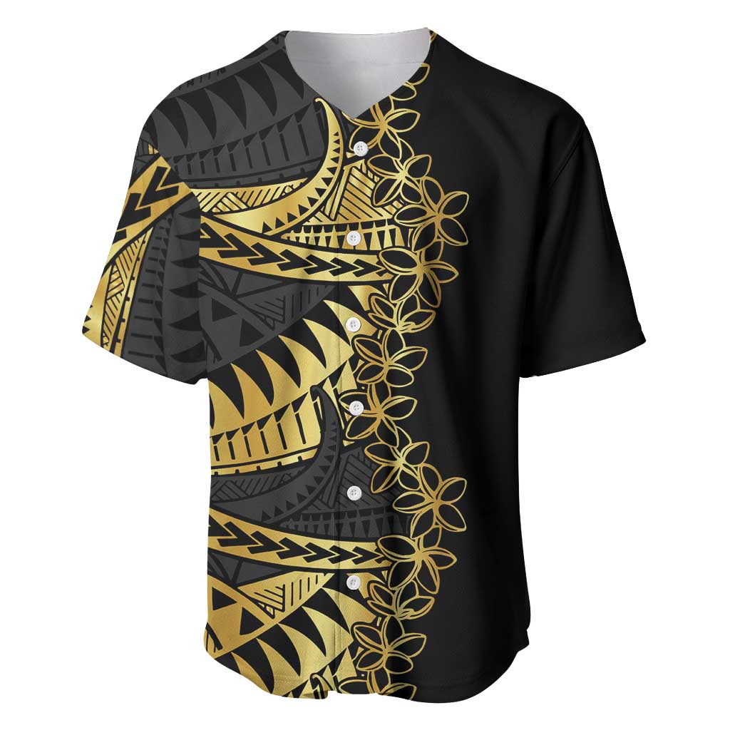Polynesia Baseball Jersey Black & Gold Fancy Plumeria LT7 Black Gold - Polynesian Pride
