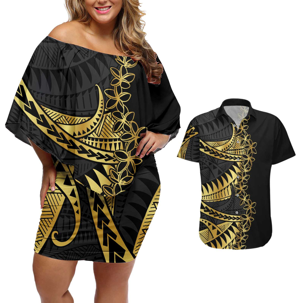 Polynesia Couples Matching Off Shoulder Short Dress and Hawaiian Shirt Black & Gold Fancy Plumeria LT7 Black Gold - Polynesian Pride