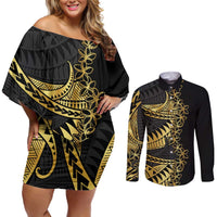 Polynesia Couples Matching Off Shoulder Short Dress and Long Sleeve Button Shirt Black & Gold Fancy Plumeria LT7 Black Gold - Polynesian Pride