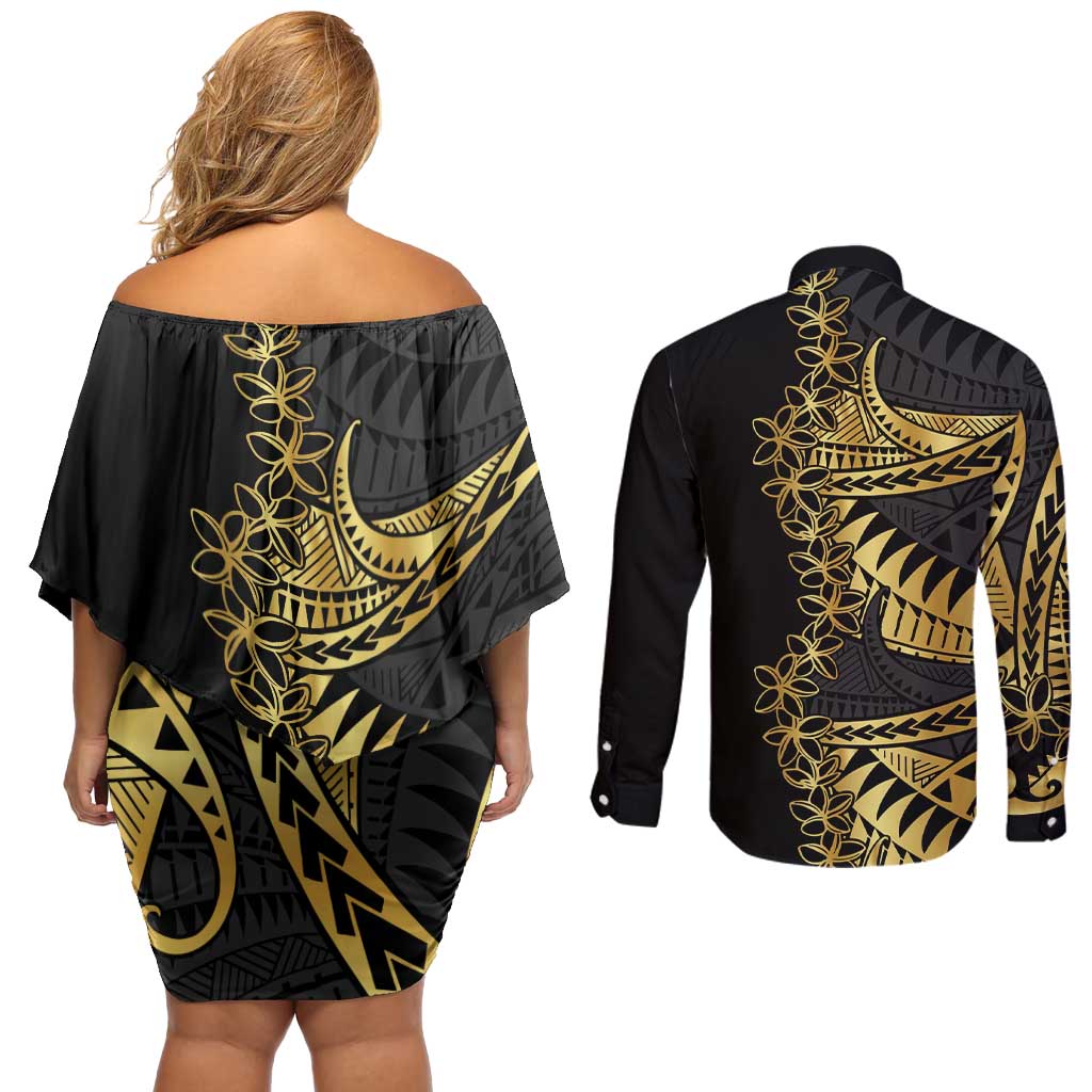 Polynesia Couples Matching Off Shoulder Short Dress and Long Sleeve Button Shirt Black & Gold Fancy Plumeria LT7 - Polynesian Pride