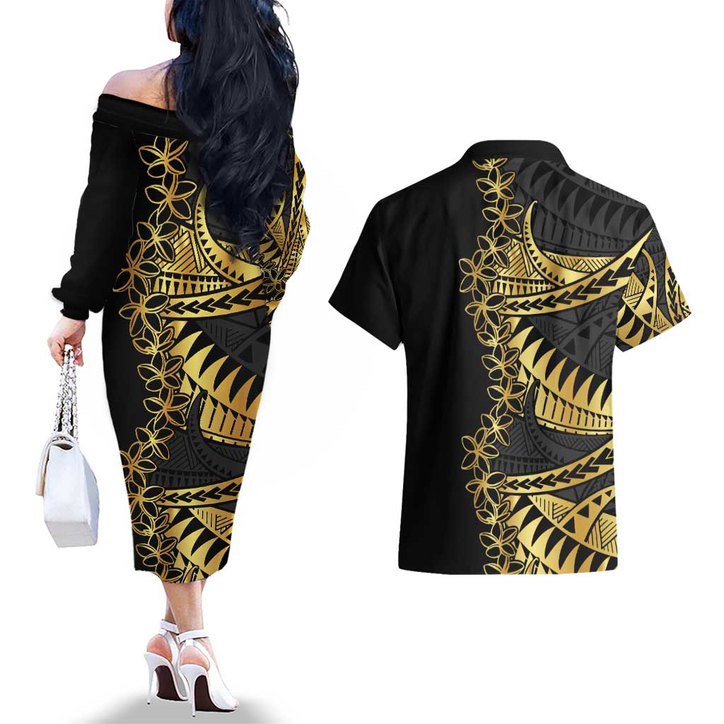 Polynesia Couples Matching Off The Shoulder Long Sleeve Dress and Hawaiian Shirt Black & Gold Fancy Plumeria