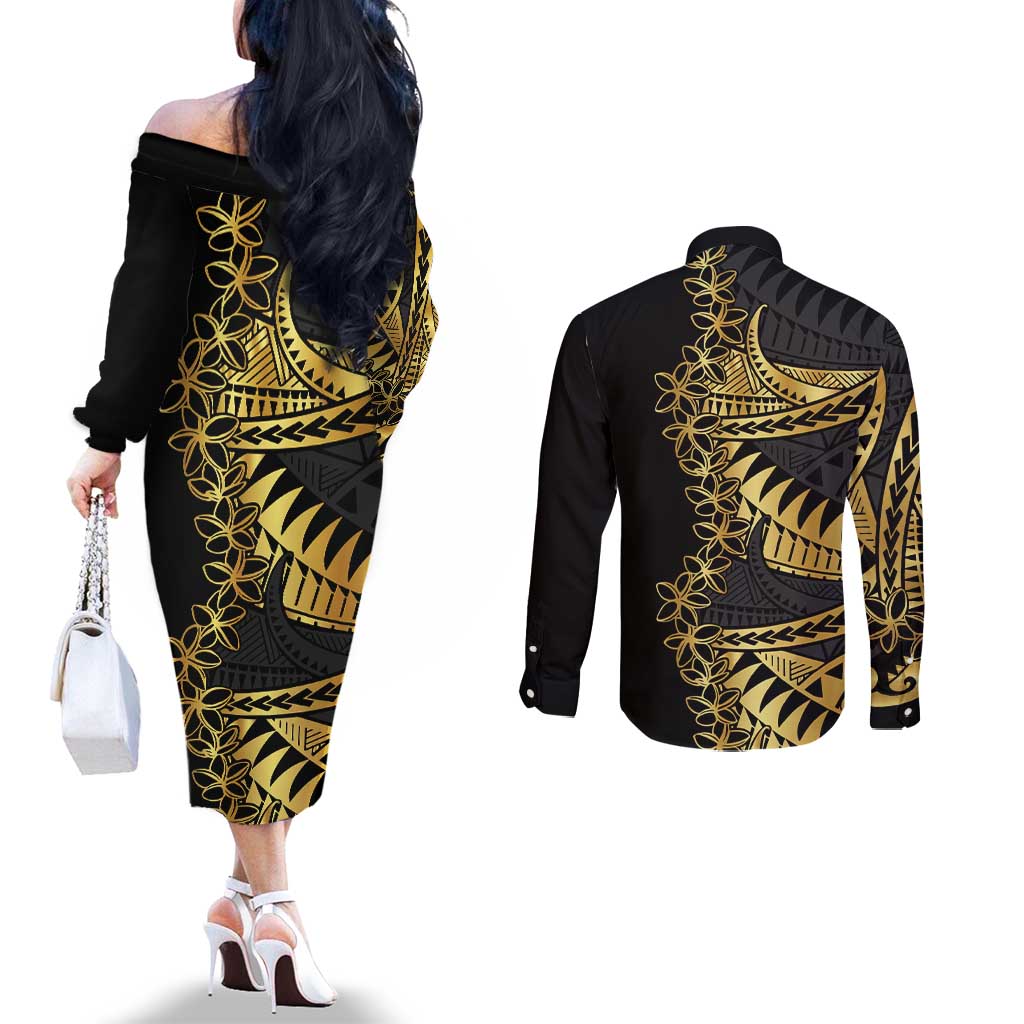 Polynesia Couples Matching Off The Shoulder Long Sleeve Dress and Long Sleeve Button Shirt Black & Gold Fancy Plumeria LT7 - Polynesian Pride