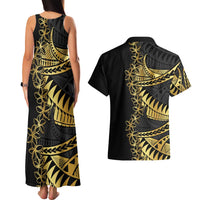 Polynesia Couples Matching Tank Maxi Dress and Hawaiian Shirt Black & Gold Fancy Plumeria LT7 - Polynesian Pride