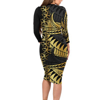 Polynesia Family Matching Long Sleeve Bodycon Dress and Hawaiian Shirt Black & Gold Fancy Plumeria