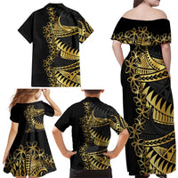 Polynesia Family Matching Off Shoulder Maxi Dress and Hawaiian Shirt Black & Gold Fancy Plumeria