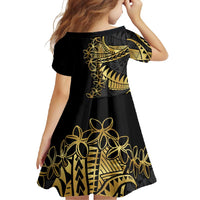 Polynesia Family Matching Short Sleeve Bodycon Dress and Hawaiian Shirt Black & Gold Fancy Plumeria
