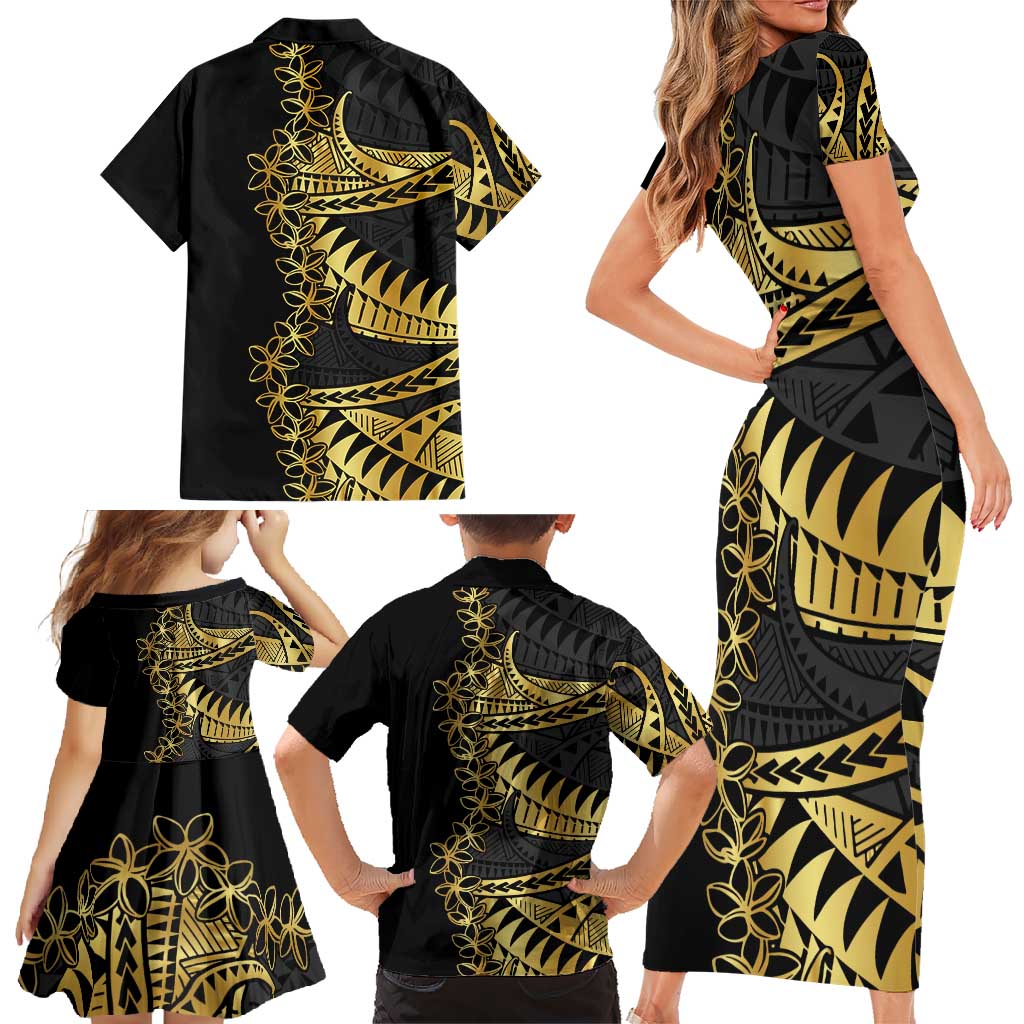 Polynesia Family Matching Short Sleeve Bodycon Dress and Hawaiian Shirt Black & Gold Fancy Plumeria