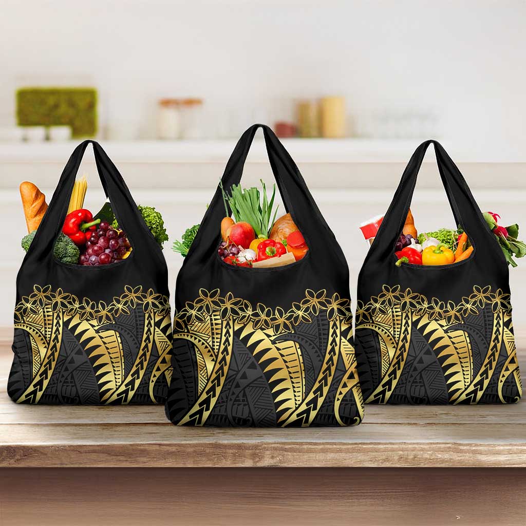 Polynesia Grocery Bag Black & Gold Fancy Plumeria