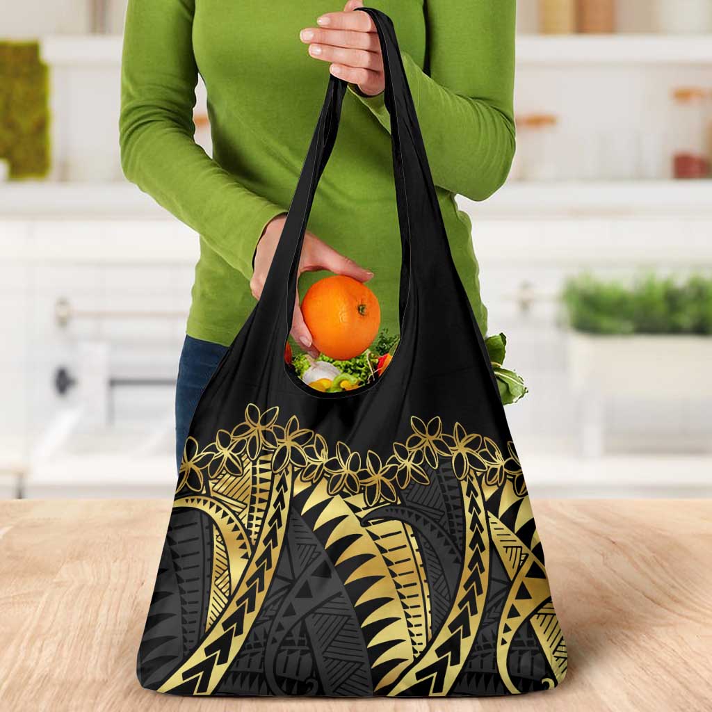 Polynesia Grocery Bag Black & Gold Fancy Plumeria