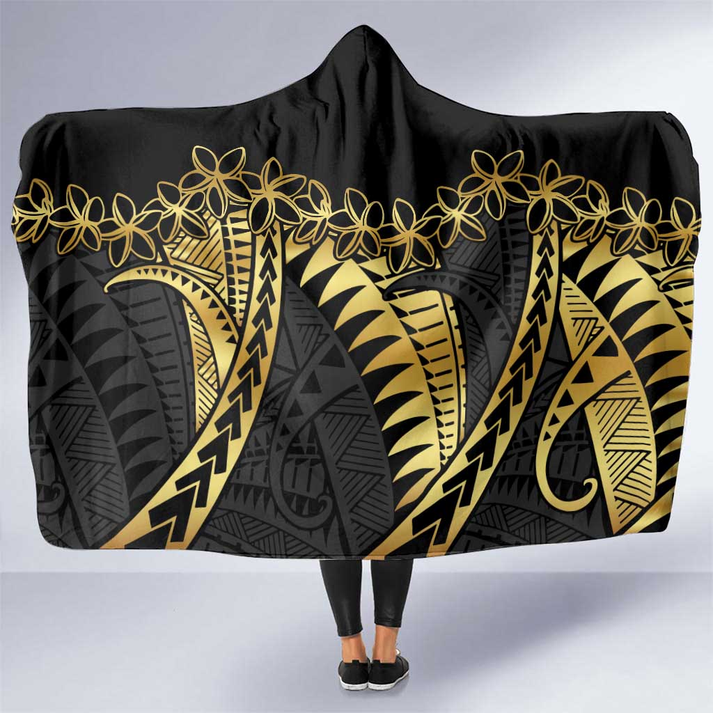 Polynesia Hooded Blanket Black & Gold Fancy Plumeria LT7 One Size Black Gold - Polynesian Pride