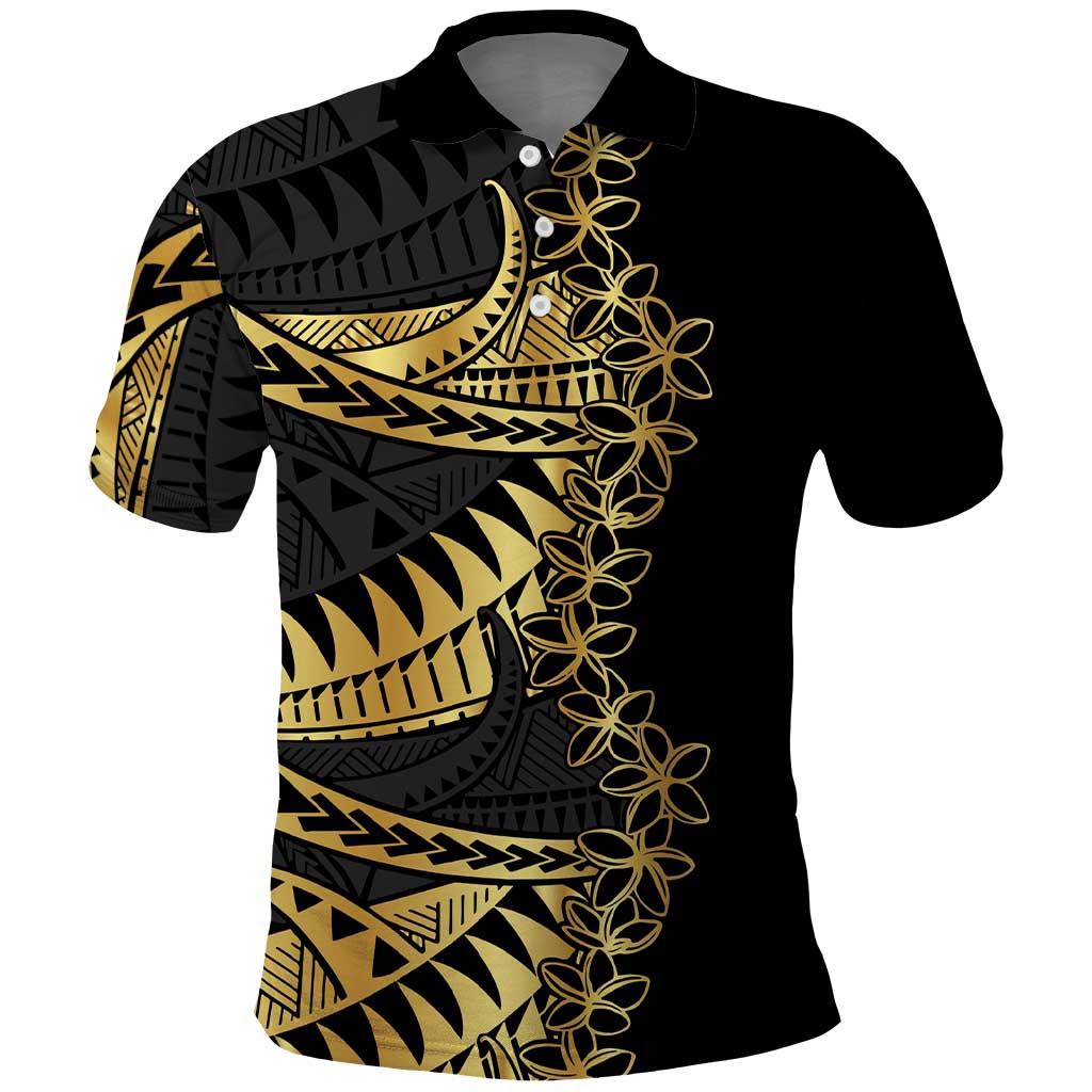 Polynesia Polo Shirt Black & Gold Fancy Plumeria LT7 Black Gold - Polynesian Pride