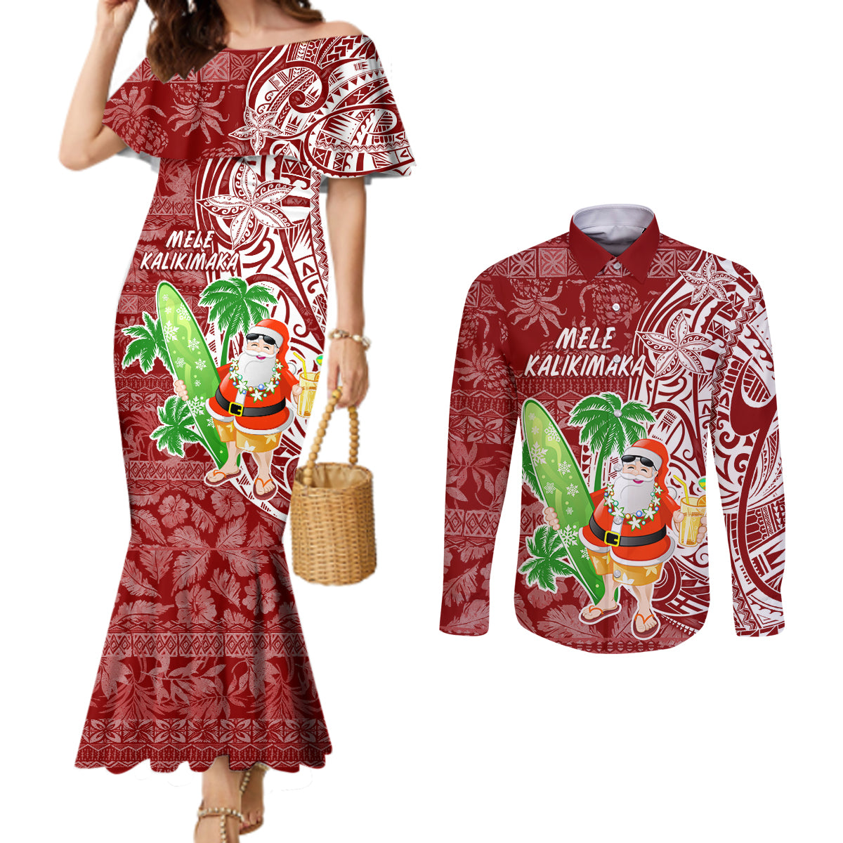 Hawaii Christmas Mele Kalikimaka Couples Matching Mermaid Dress and Long Sleeve Button Shirt Santa Claus LT7 Red - Polynesian Pride