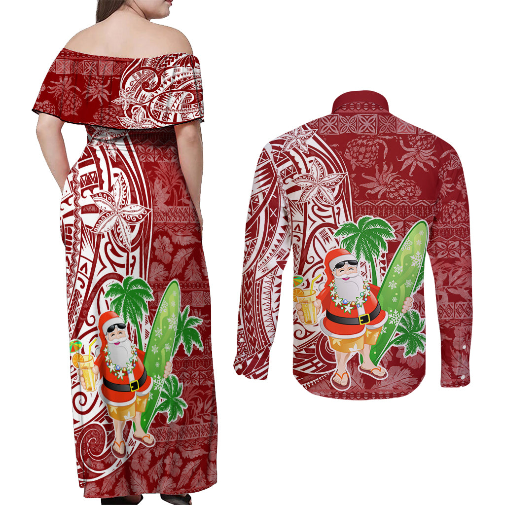 Hawaii Christmas Mele Kalikimaka Couples Matching Off Shoulder Maxi Dress and Long Sleeve Button Shirt Santa Claus LT7 - Polynesian Pride
