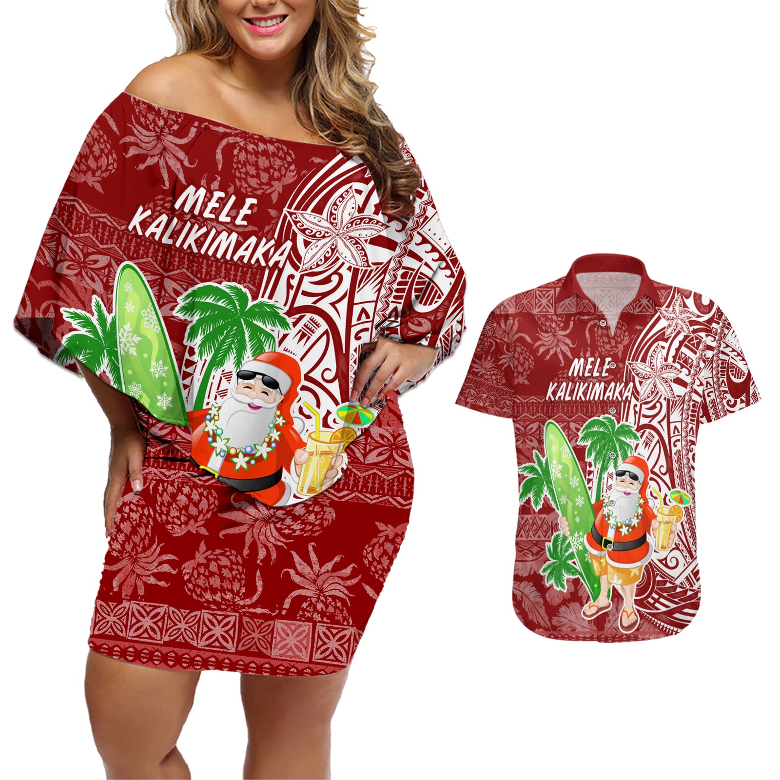 Hawaii Christmas Mele Kalikimaka Couples Matching Off Shoulder Short Dress and Hawaiian Shirt Santa Claus LT7 Red - Polynesian Pride