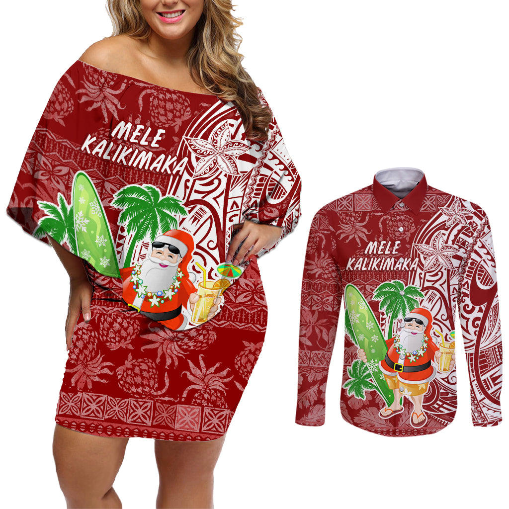 Hawaii Christmas Mele Kalikimaka Couples Matching Off Shoulder Short Dress and Long Sleeve Button Shirt Santa Claus LT7 Red - Polynesian Pride