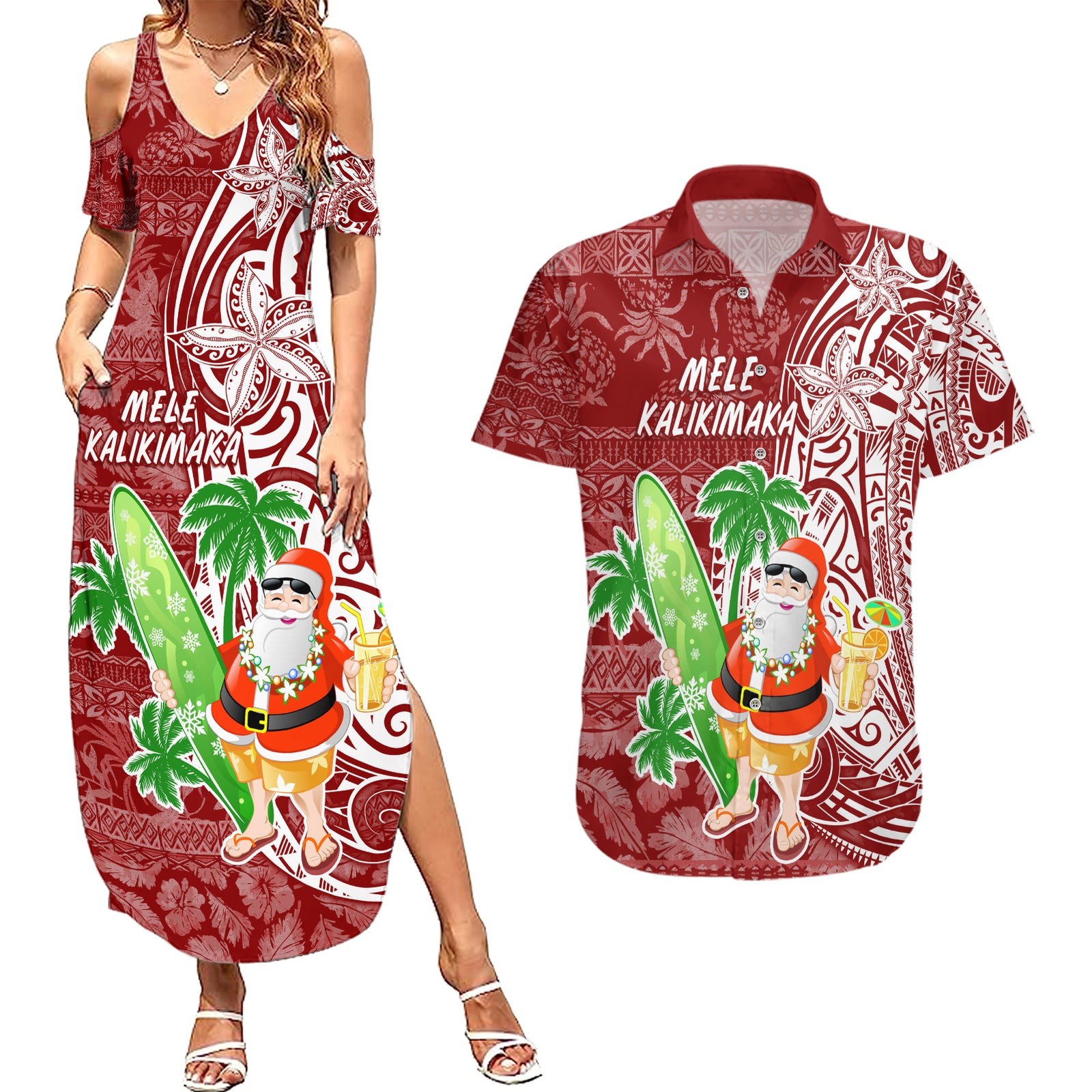 Hawaii Christmas Mele Kalikimaka Couples Matching Summer Maxi Dress and Hawaiian Shirt Santa Claus LT7 Red - Polynesian Pride