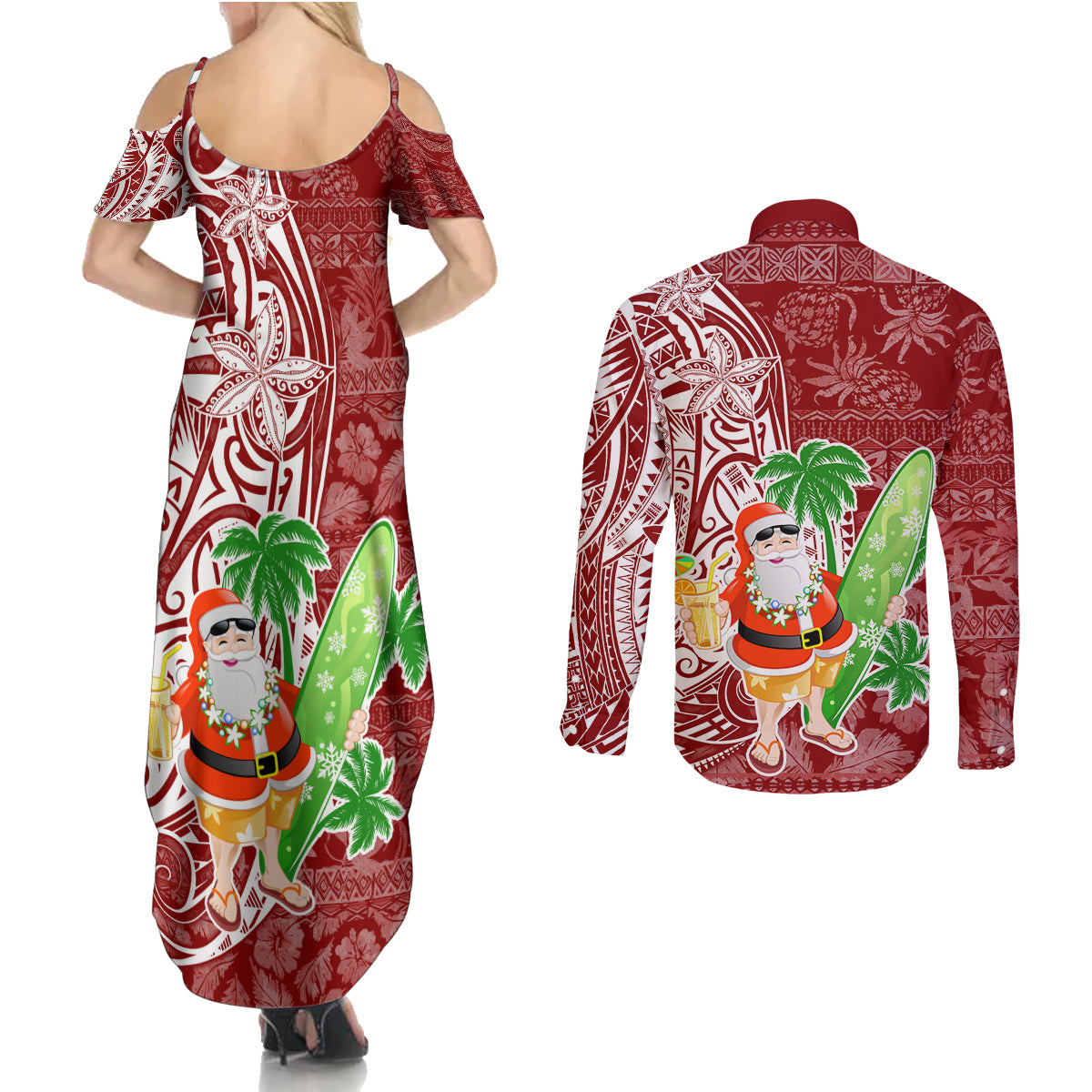 Hawaii Christmas Mele Kalikimaka Couples Matching Summer Maxi Dress and Long Sleeve Button Shirt Santa Claus LT7 - Polynesian Pride