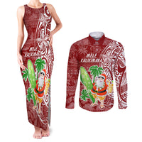 Hawaii Christmas Mele Kalikimaka Couples Matching Tank Maxi Dress and Long Sleeve Button Shirt Santa Claus LT7 Red - Polynesian Pride