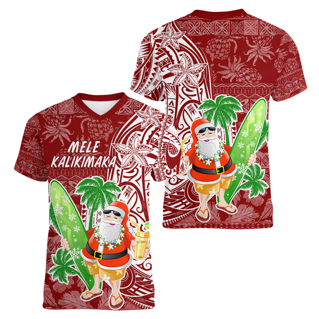 Hawaii Christmas Mele Kalikimaka Women V Neck T Shirt Santa Claus LT7 - Polynesian Pride