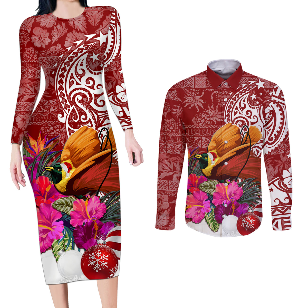 Papua New Guinea Christmas Couples Matching Long Sleeve Bodycon Dress and Long Sleeve Button Shirt Bird-of-Paradise Special LT7 Red - Polynesian Pride