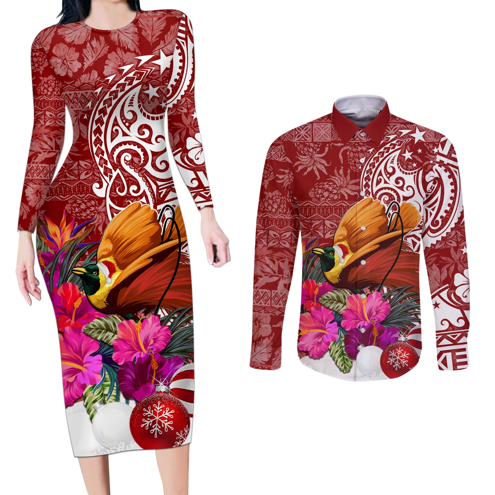 Papua New Guinea Christmas Couples Matching Long Sleeve Bodycon Dress and Long Sleeve Button Shirt Bird-of-Paradise Special LT7 Red - Polynesian Pride