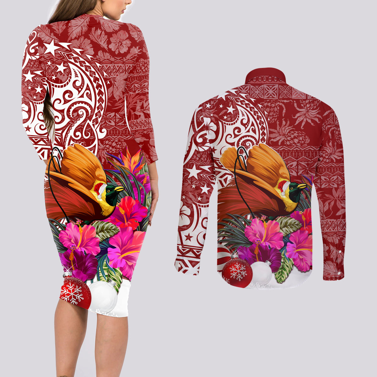 Papua New Guinea Christmas Couples Matching Long Sleeve Bodycon Dress and Long Sleeve Button Shirt Bird-of-Paradise Special LT7 - Polynesian Pride