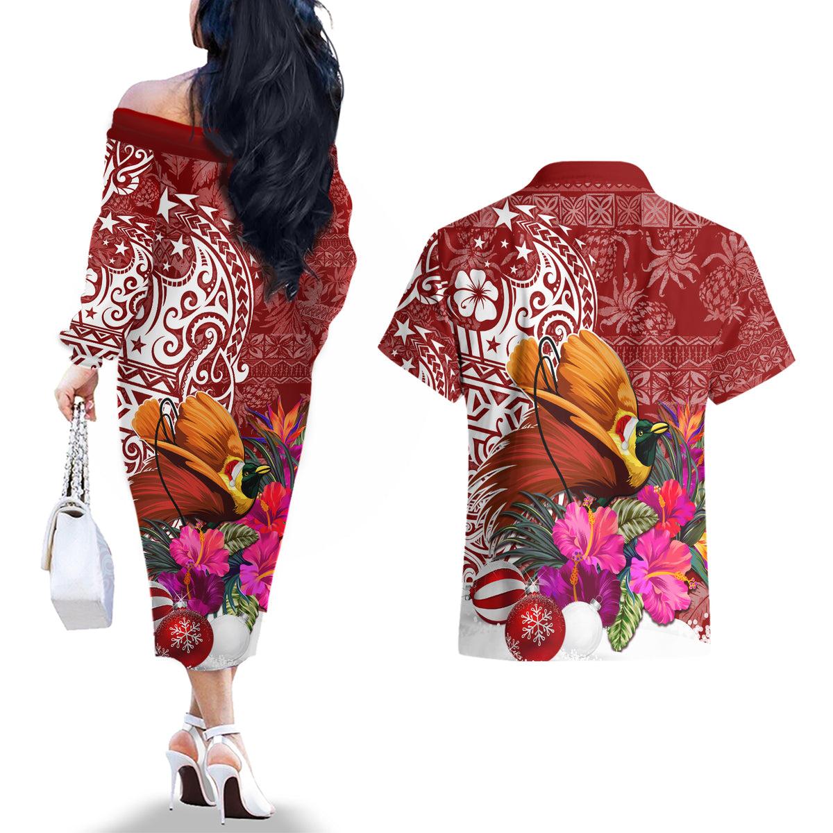 Papua New Guinea Christmas Couples Matching Off The Shoulder Long Sleeve Dress and Hawaiian Shirt Bird-of-Paradise Special LT7 - Polynesian Pride