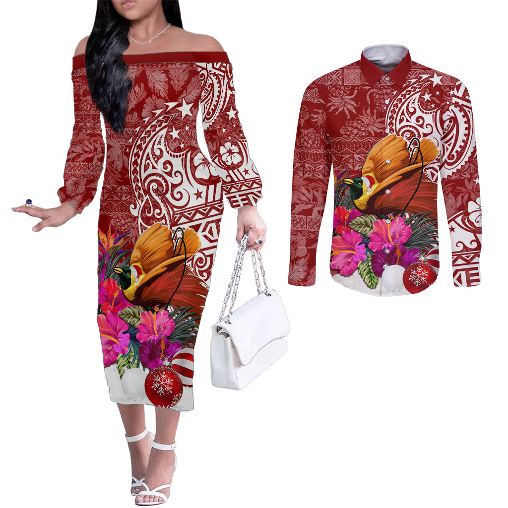 Papua New Guinea Christmas Couples Matching Off The Shoulder Long Sleeve Dress and Long Sleeve Button Shirt Bird-of-Paradise Special LT7 Red - Polynesian Pride
