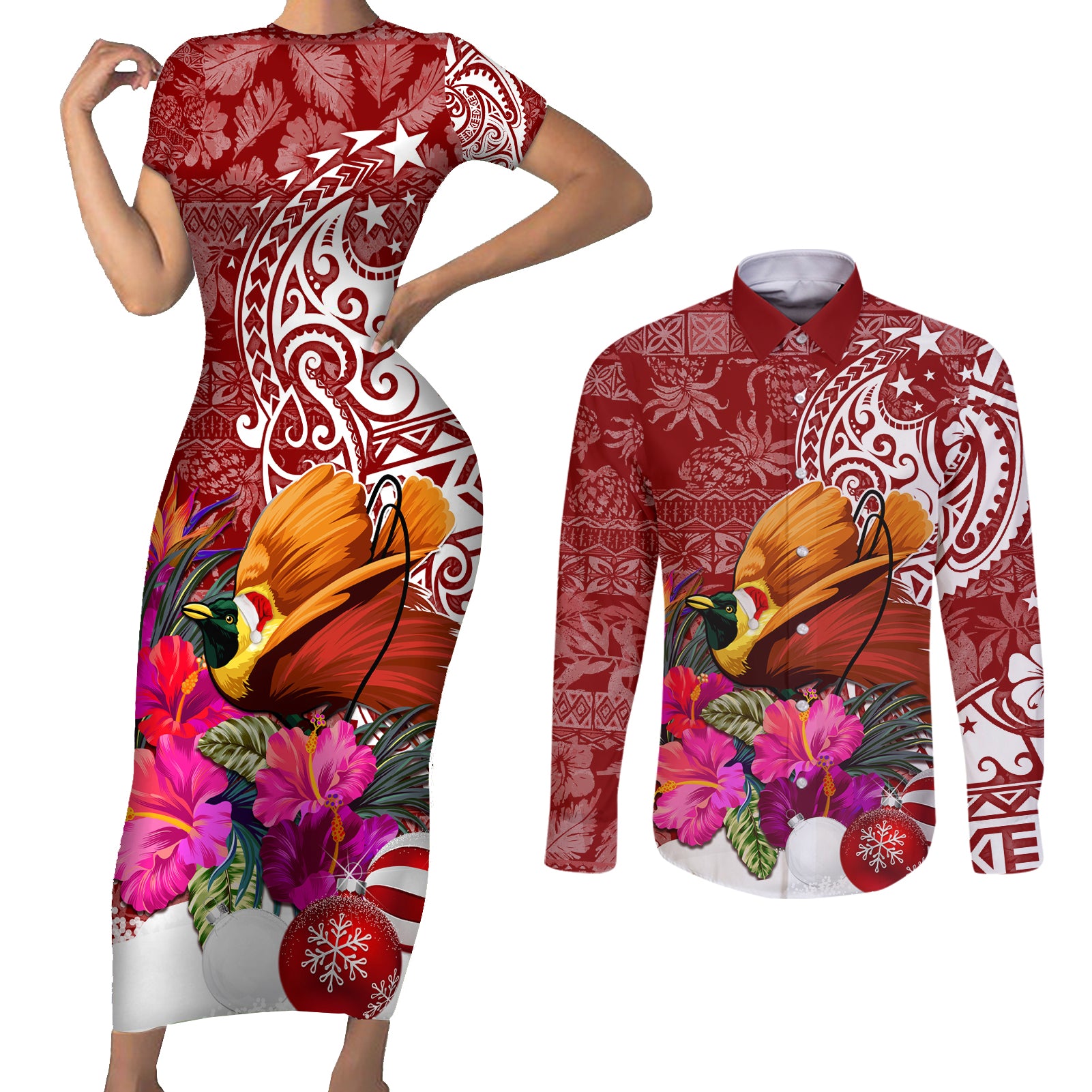 Papua New Guinea Christmas Couples Matching Short Sleeve Bodycon Dress and Long Sleeve Button Shirt Bird-of-Paradise Special LT7 Red - Polynesian Pride