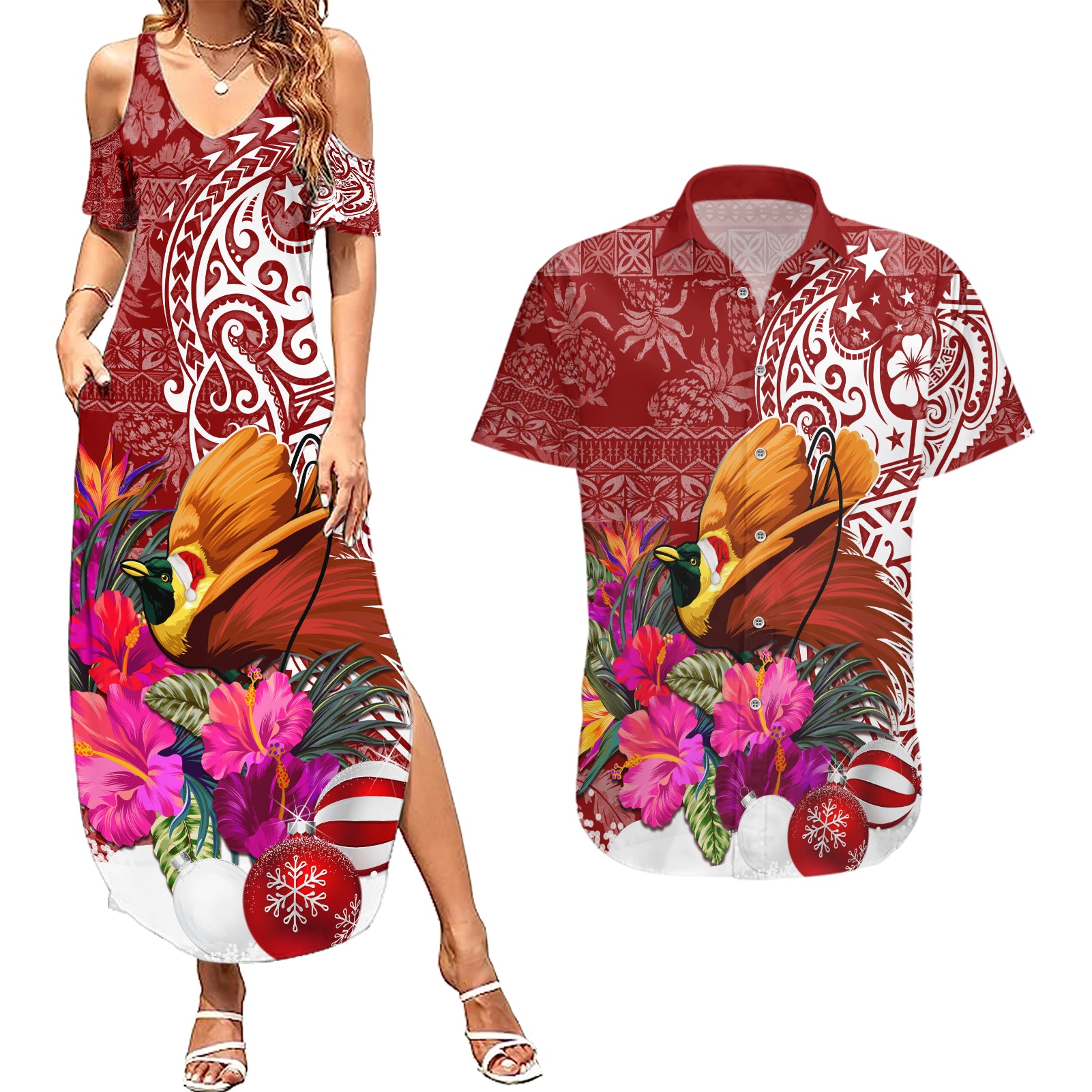 Papua New Guinea Christmas Couples Matching Summer Maxi Dress and Hawaiian Shirt Bird-of-Paradise Special LT7 Red - Polynesian Pride