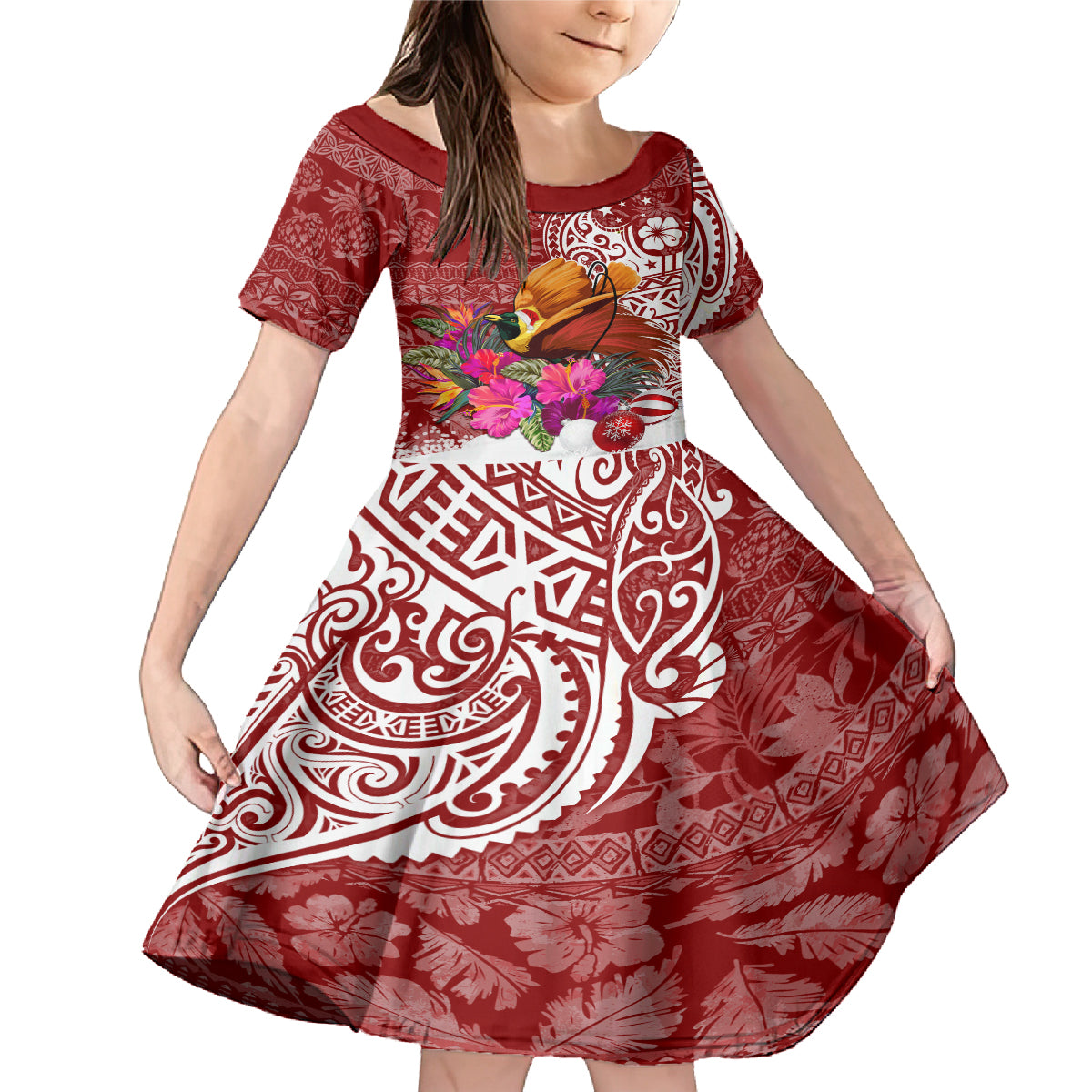 Papua New Guinea Christmas Family Matching Mermaid Dress and Hawaiian Shirt Bird-of-Paradise Special LT7 Daughter's Dress Red - Polynesian Pride