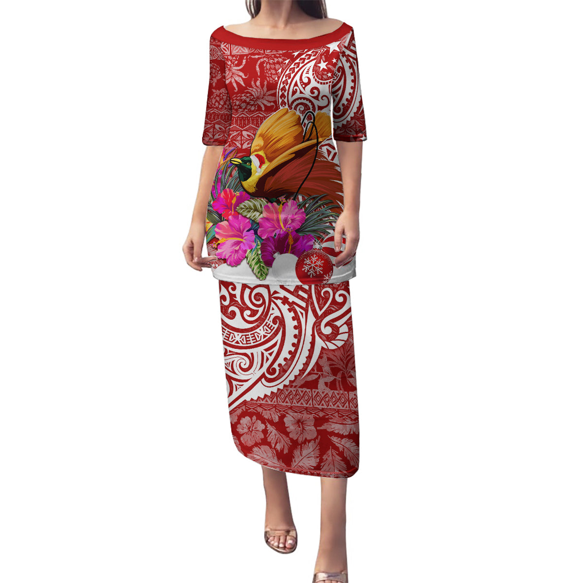 Papua New Guinea Christmas Family Matching Puletasi Dress and Hawaiian Shirt Bird-of-Paradise Special LT7 Mom's Dress Red - Polynesian Pride