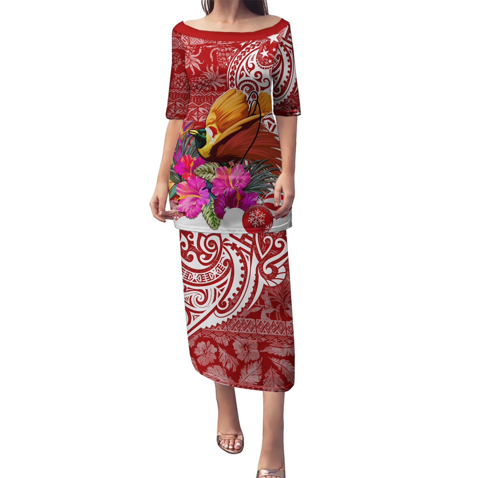 Papua New Guinea Christmas Puletasi Bird-of-Paradise Special LT7 Long Dress Red - Polynesian Pride