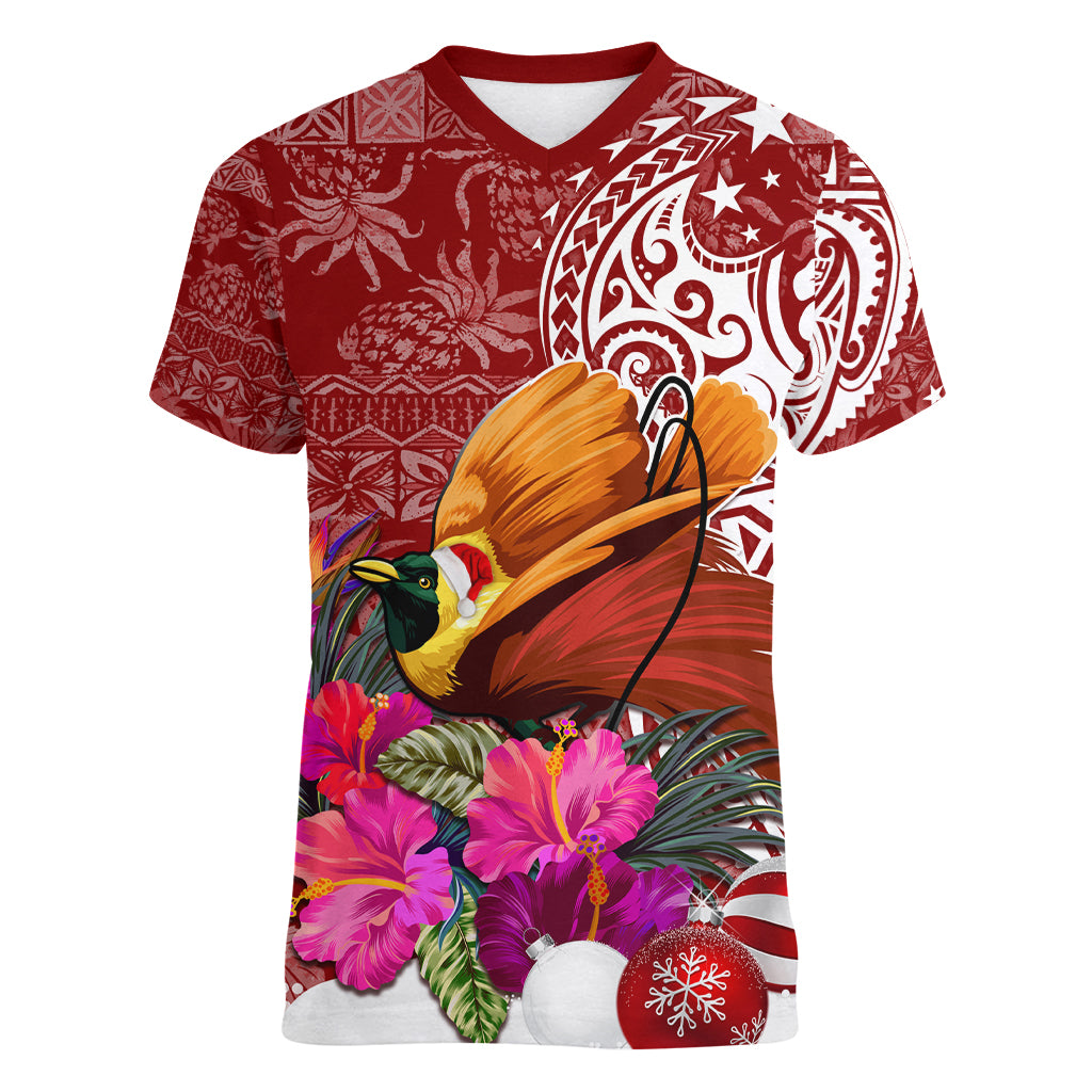 Papua New Guinea Christmas Women V Neck T Shirt Bird-of-Paradise Special LT7 Female Red - Polynesian Pride