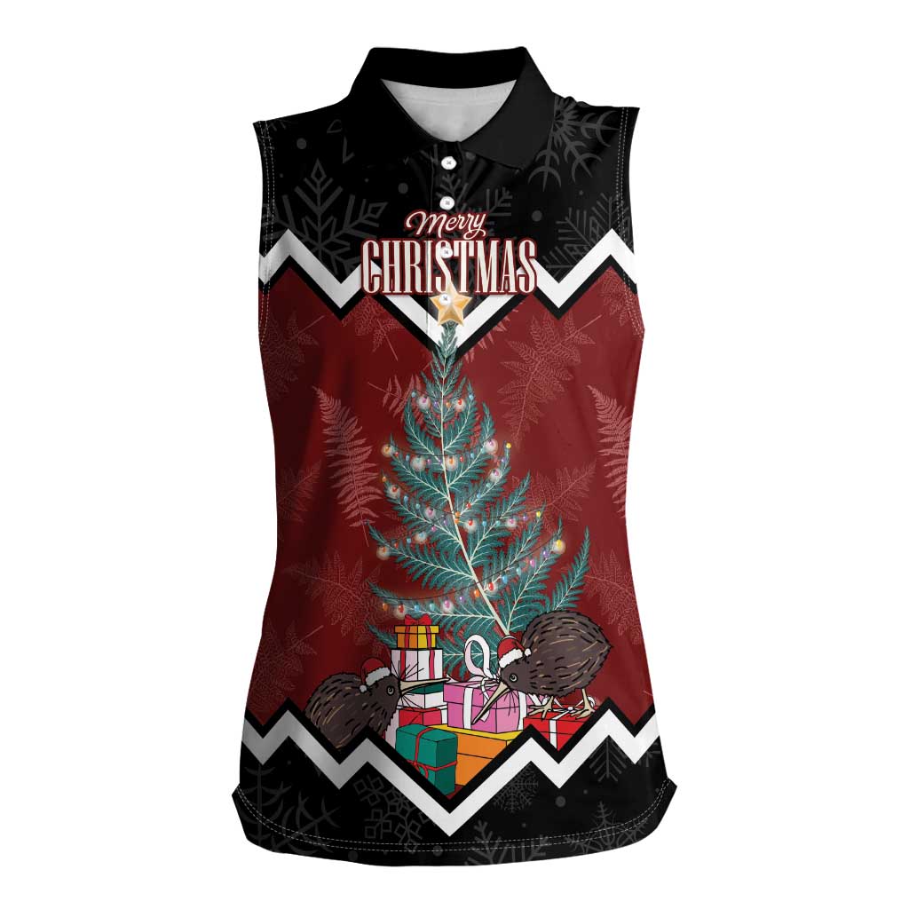 Personalised New Zealand Christmas Women Sleeveless Polo Shirt Xmas Fern and Kiwi Birds