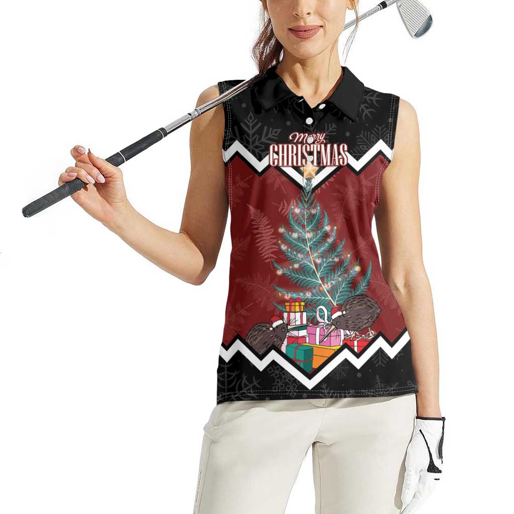 Personalised New Zealand Christmas Women Sleeveless Polo Shirt Xmas Fern and Kiwi Birds